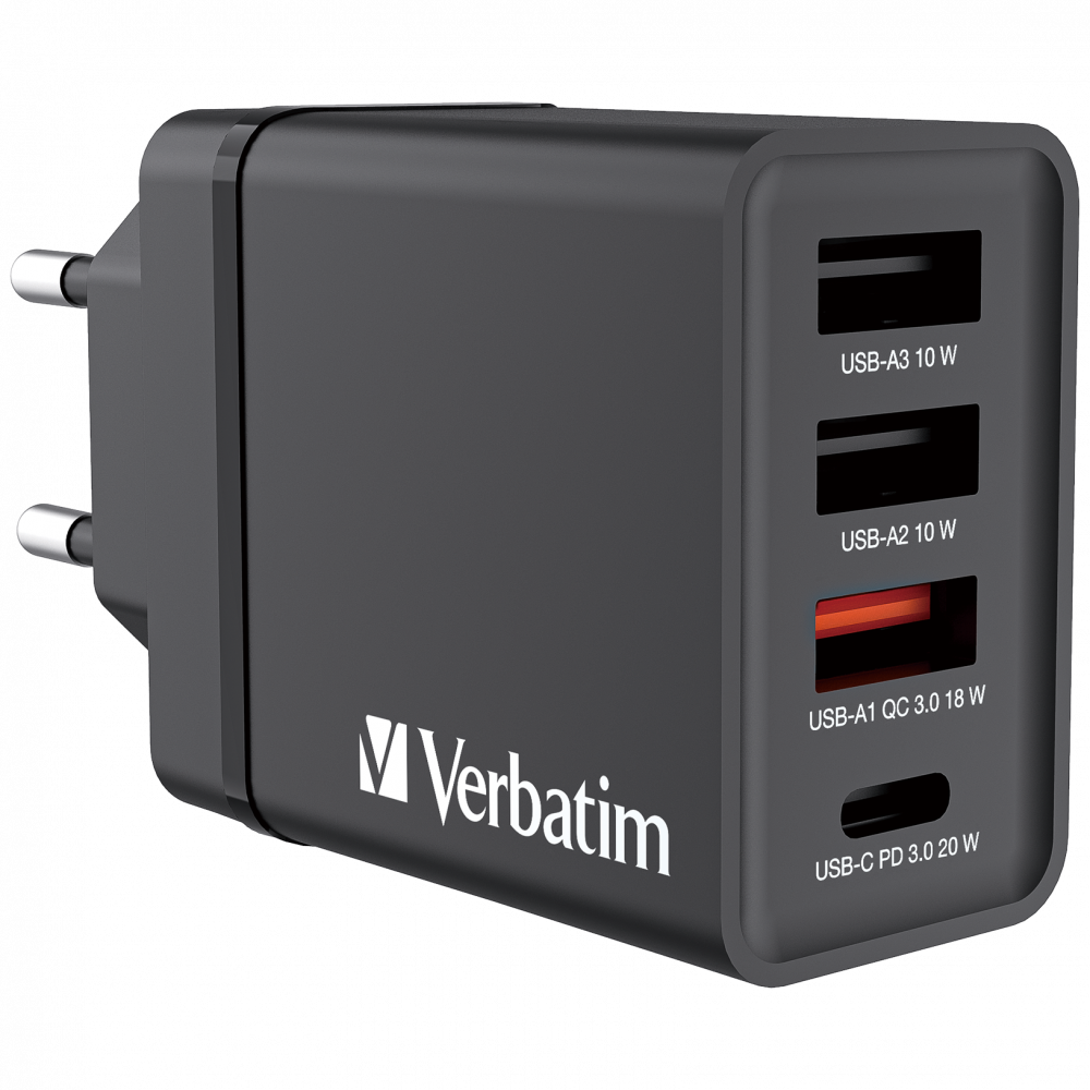 USB-väggladdare med 4 portar på 30 W – Svart 1 x USB-C® PD 20 W/1 x USB-A QC 3.0/2 x USB-A 10 W (EU)