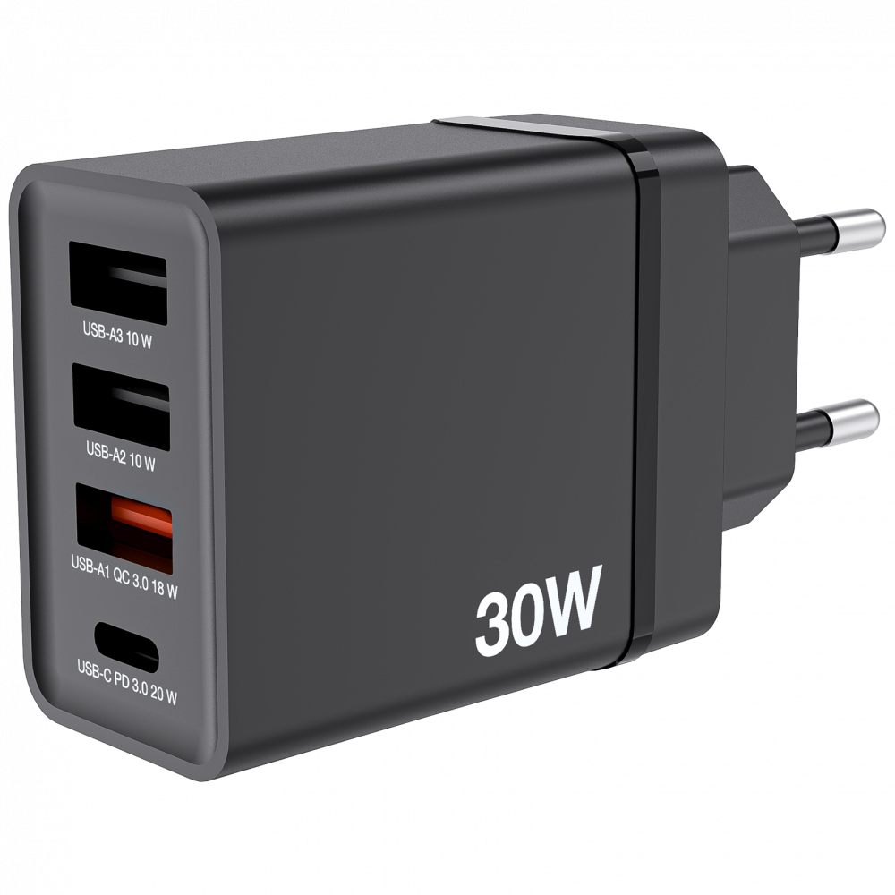 30W 4-Port USB Wall Charger - Black 1 x USB-C® PD 20W / 1 x USB-A QC 3.0 / 2 x USB-A 10W (EU)