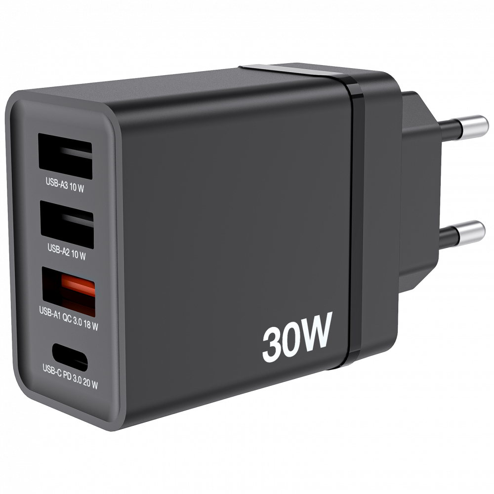 Chargeur USB mural 4 ports 30 W - Noir 1 x USB-C® PD 20 W / 1 x USB-A QC 3.0 / 2 x USB-A 10 W (UE)