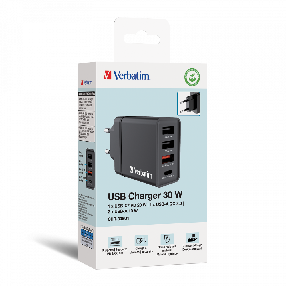 30W 4-Port USB Wall Charger - Black 1 x USB-C® PD 20W / 1 x USB-A QC 3.0 / 2 x USB-A 10W (EU)