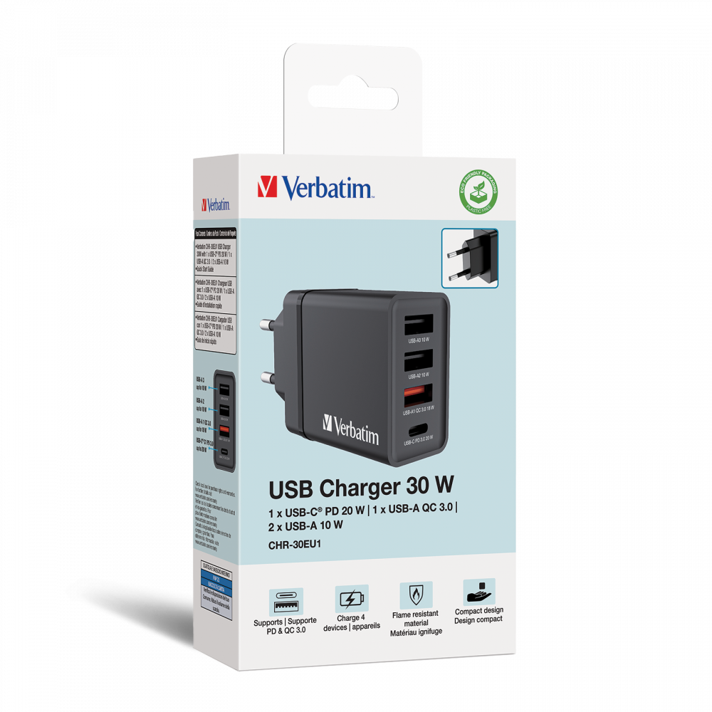 30W 4 Bağlantı Noktalı USB Duvar Şarj Cihazı - Siyah 1 x USB-C® PD 20W / 1 x USB-A QC 3.0 / 2 x USB-A 10W (AB)