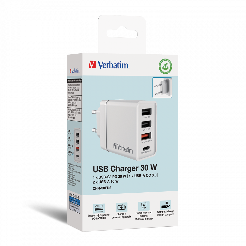 30W 4-Port USB Wall Charger - White 1 x USB-C® PD 20W / 1 x USB-A QC 3.0 / 2 x USB-A 10W (EU)