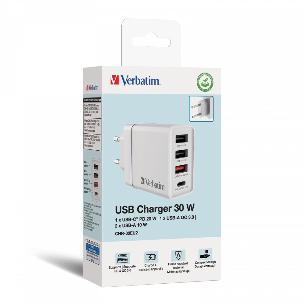 30W 4 Bağlantı Noktalı USB Duvar Şarj Cihazı - Beyaz 1 x USB-C® PD 20W / 1 x USB-A QC 3.0 / 2 x USB-A 10W (AB)