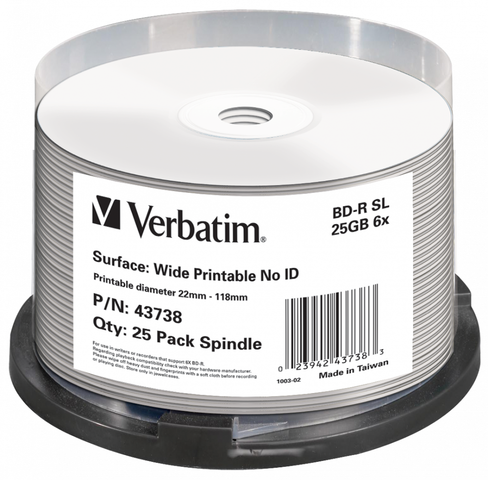 BD-R SL 25GB 6x Wide Printable 25 Pack Spindle - No ID Brand