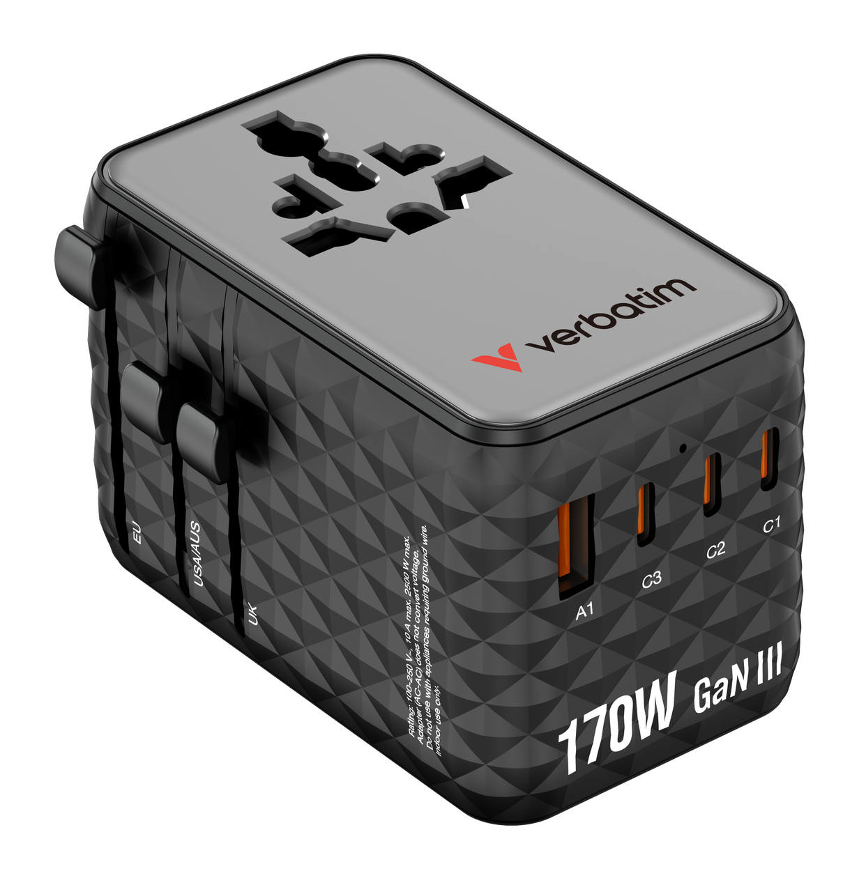 Charge 'n' Travel 170W GaN III Universal reseadapter med 3 x USB-C, 1 x USB-A-portar