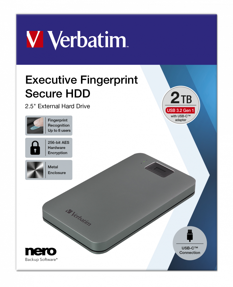 Executive Fingerprint Secure Portable USB-C Hard Drive 2TB