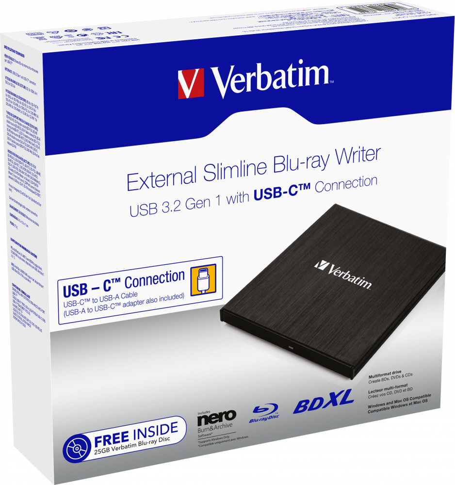 External Slimline Blu-ray Writer USB 3.1 GEN 1 with USB-C Connection