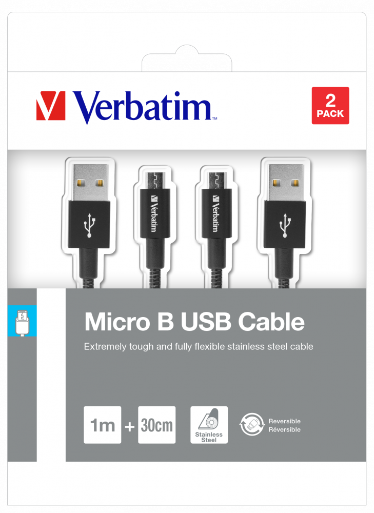 Pakiranje od dva crna mikro USB kabela za sinkroniziranje i punjenje, dužine 100 cm i 30 cm