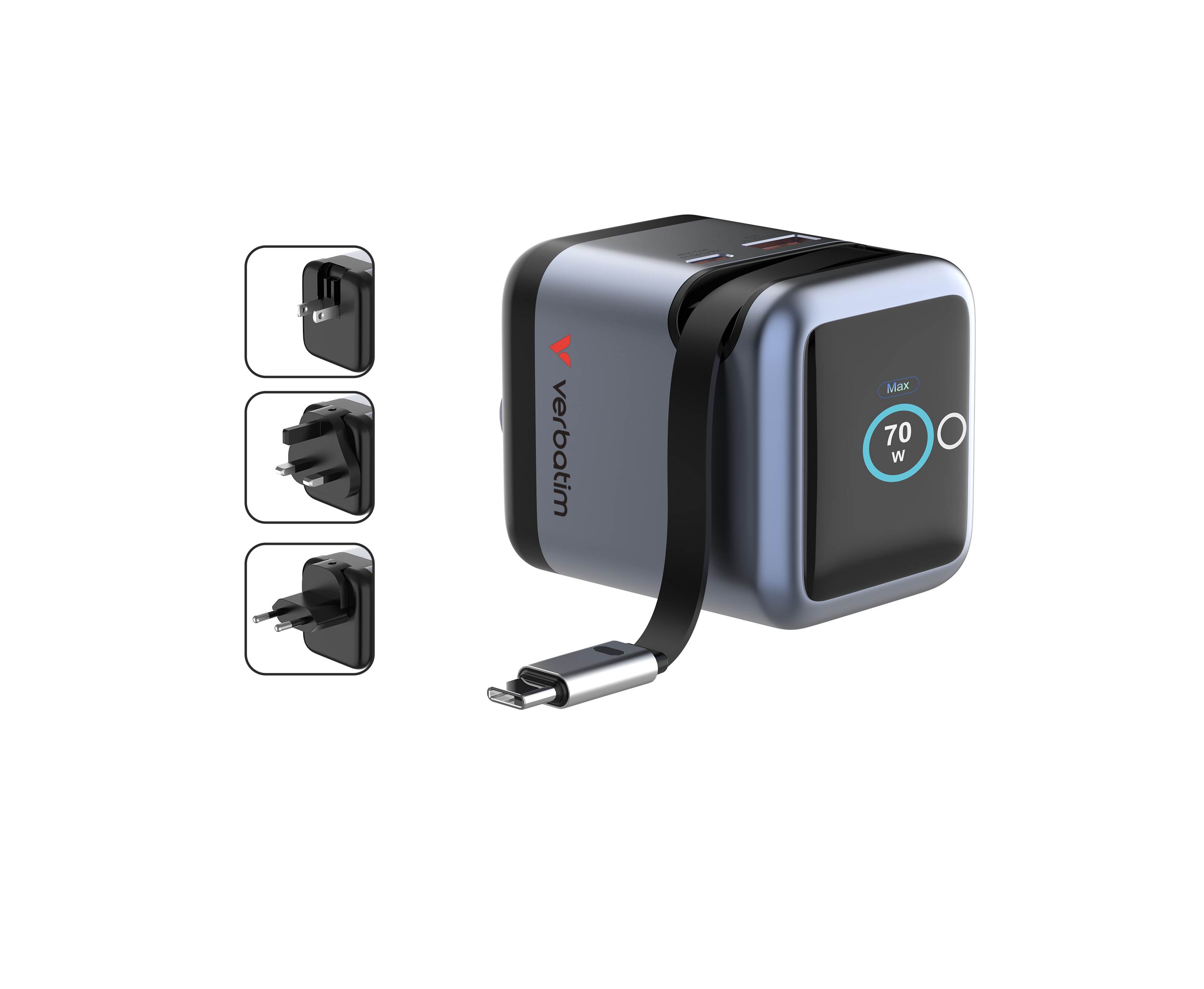 Mini cargador de GaN de 70 W con cable retráctil y pantalla