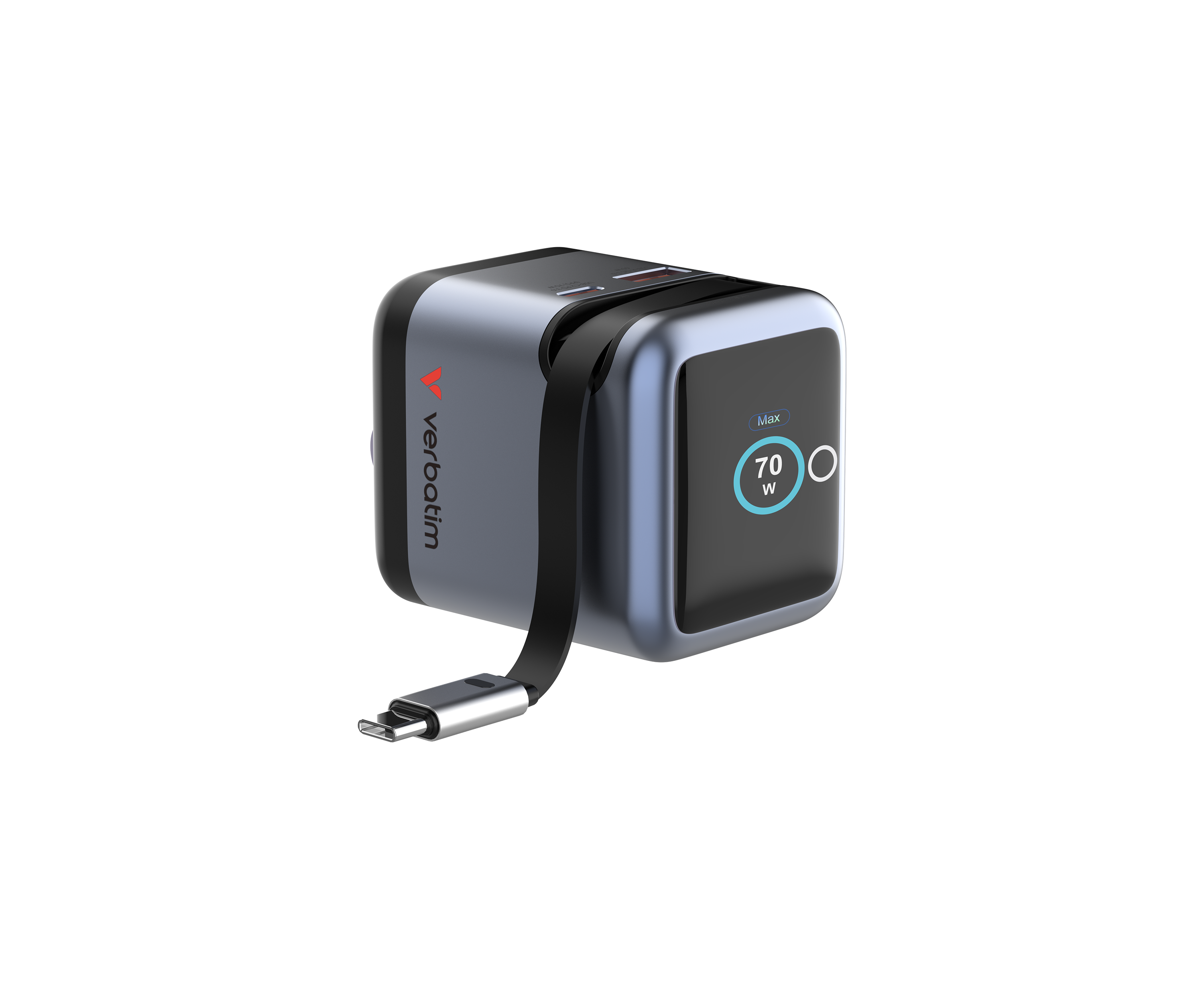 Mini cargador de GaN de 70 W con cable retráctil y pantalla