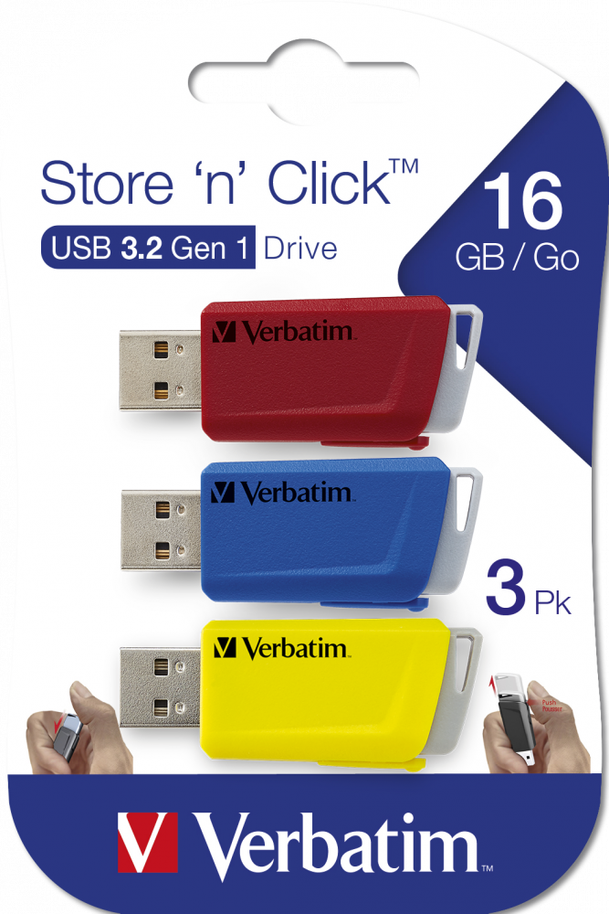 USB-накопитель Store 'n' Click 3 x 16 ГБ: красный, синий и желтый