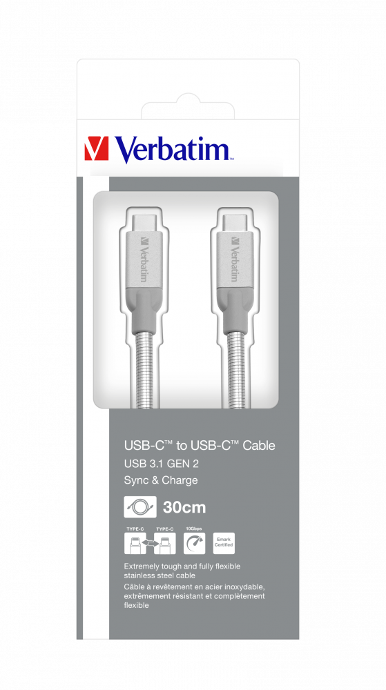 Synchronizační a nabíjecí kabel z nerezové oceli USB-C na USB-C USB 3.1 GEN 2 Verbatim 30 cm