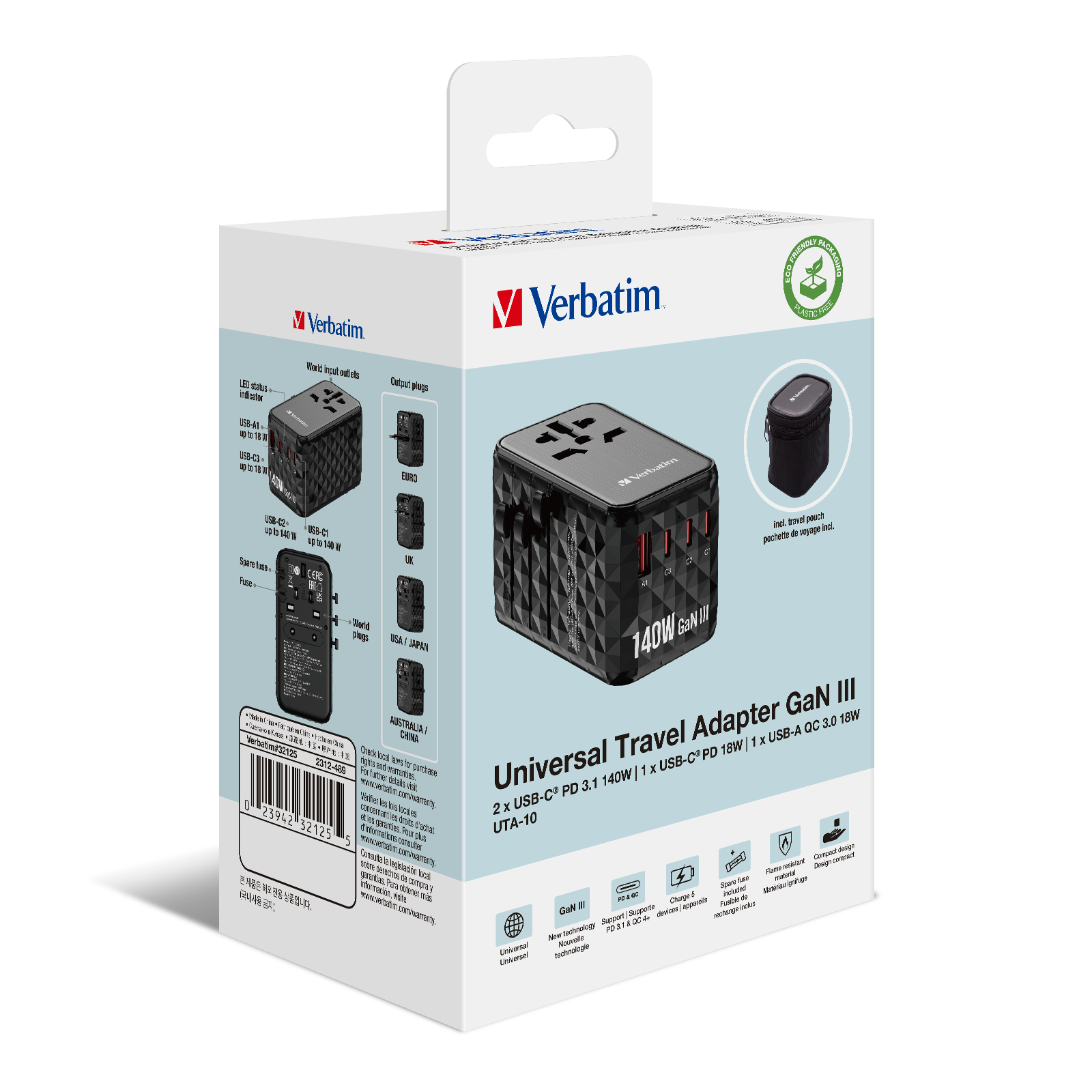 UTA-10 GaN III Universal Travel Adapter with 2 x USB-C® PD 3.1 & QC 4+ 140W / 1 x USB-C PD 18W / 1 x USB-A QC 3.0 18W