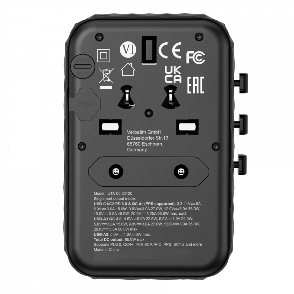 Adaptateur universel de voyage UTA-05 GaN III avec 2 ports USB-C PD et QC 4+ et 2 ports USB-A