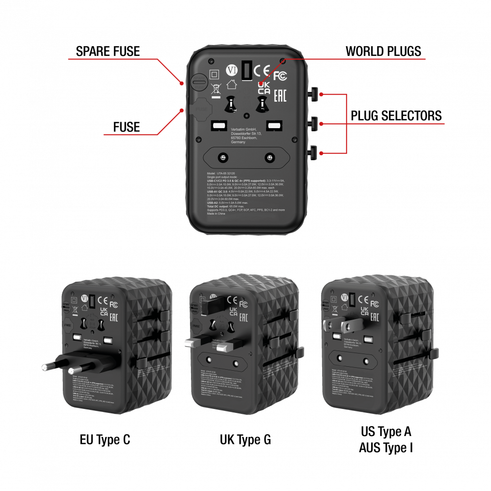 Adaptador universal de viaje UTA-05 GaN III con 2 puertos USB-C PD y QC 4+ y 2 puertos USB-A