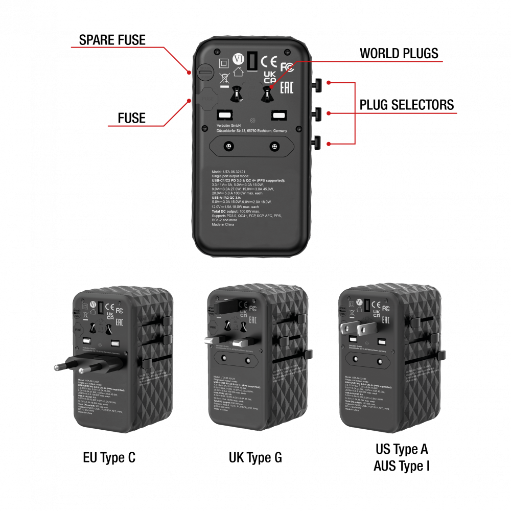 GaN III Universal Travel Adapter UTA-06 with 2 x USB-C PD & QC 4+ & 2 x USB-A QC 3.0 ports